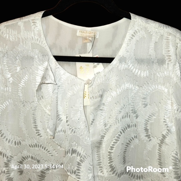 FINN & GRACE Silky White Semi Sheer Long Sleeve Blouse - Picture 3 of 6